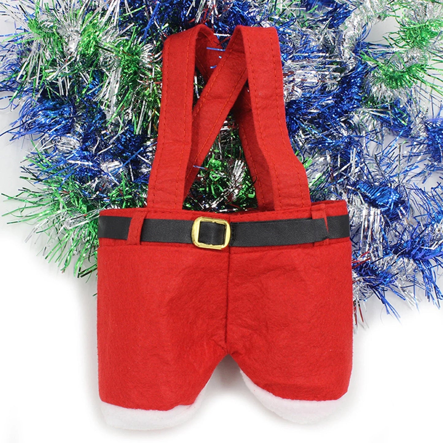 Festive Santa pants-shaped cloth gift bag in red, perfect for holding Christmas candies and small gifts