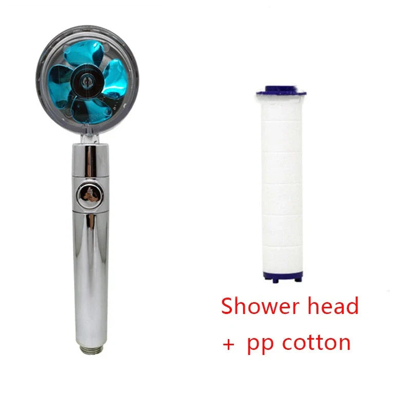 360-degree rotating high-pressure shower head with built-in fan and adjustable water spray