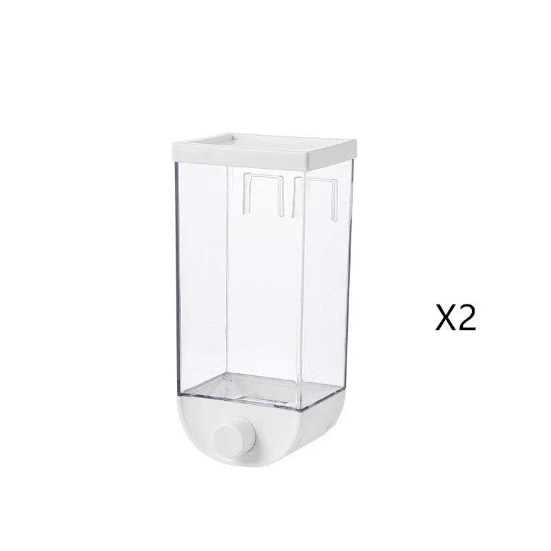 Convenient kitchen food storage container with transparent design, wall-mounted for space-saving storage of cereals, snacks, and other dry goods