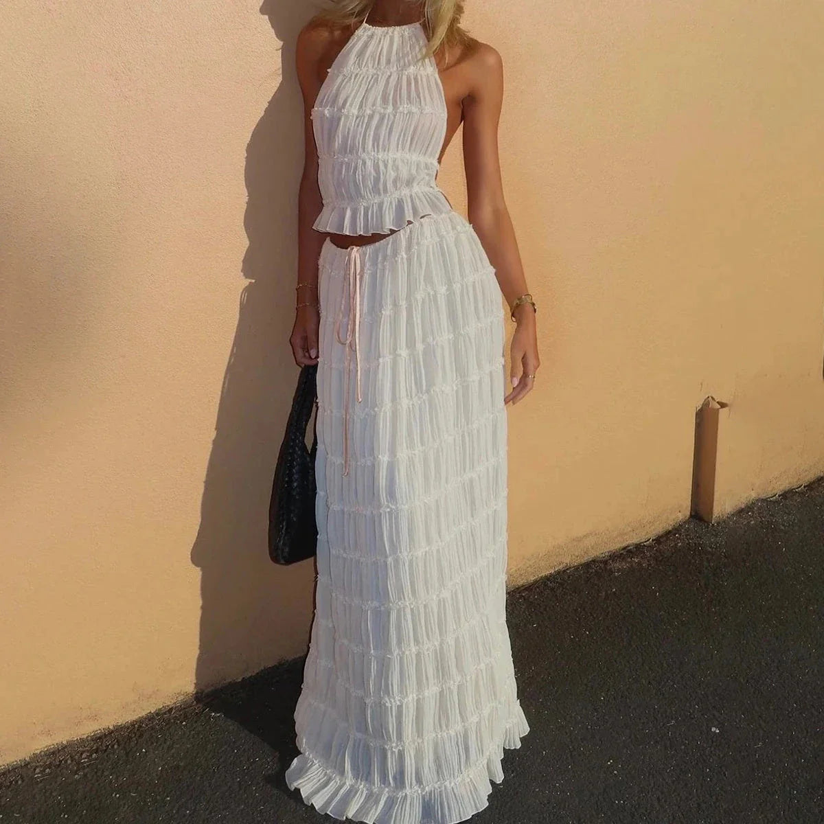 Chic sleeveless backless cropped halter top and pleated maxi dress set in various colors