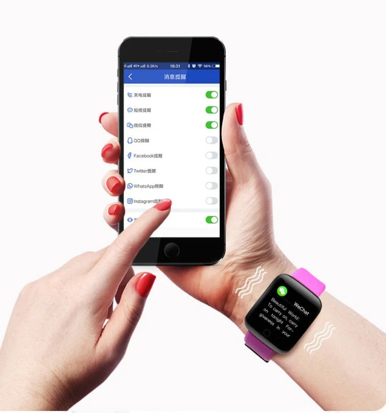 Advanced health-tracking sports bracelet with features including blood pressure and heart rate monitoring, activity tracking, and smartphone connectivity