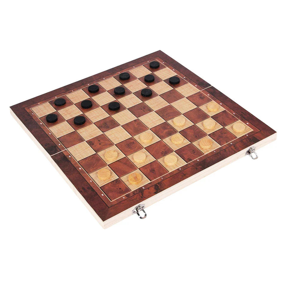 Wooden 3-in-1 board game set with backgammon, chess, and checkers pieces on a wooden game board