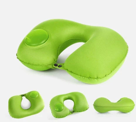 Inflatable travel pillow with U-shaped design for neck and head support, available in multiple colors
