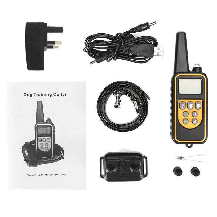 Remote-controlled anti-bark dog training collar with adjustable settings and 800-yard range