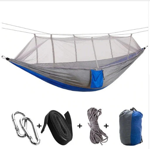 Versatile parachute hammock with mosquito net for outdoor camping and relaxation