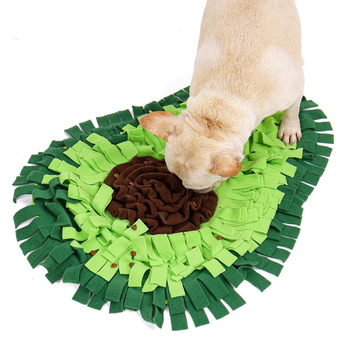 An interactive snuffle mat puzzle toy for dogs, designed to stimulate natural foraging behavior and relieve boredom