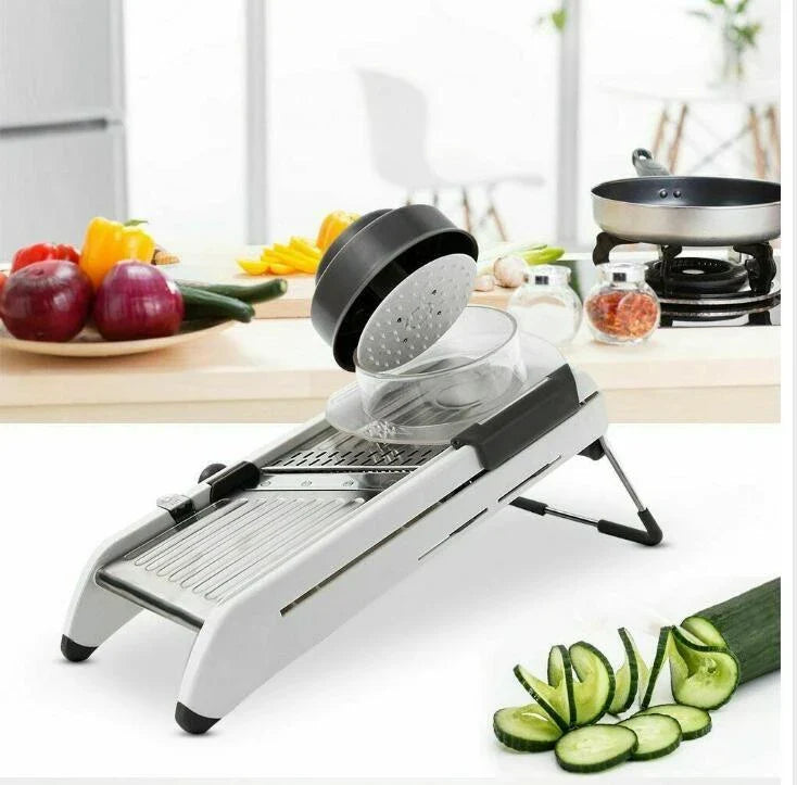 The Versatile Vegetable Slicer with adjustable slicing, shredding, and waffle cutting capabilities for easy meal preparation