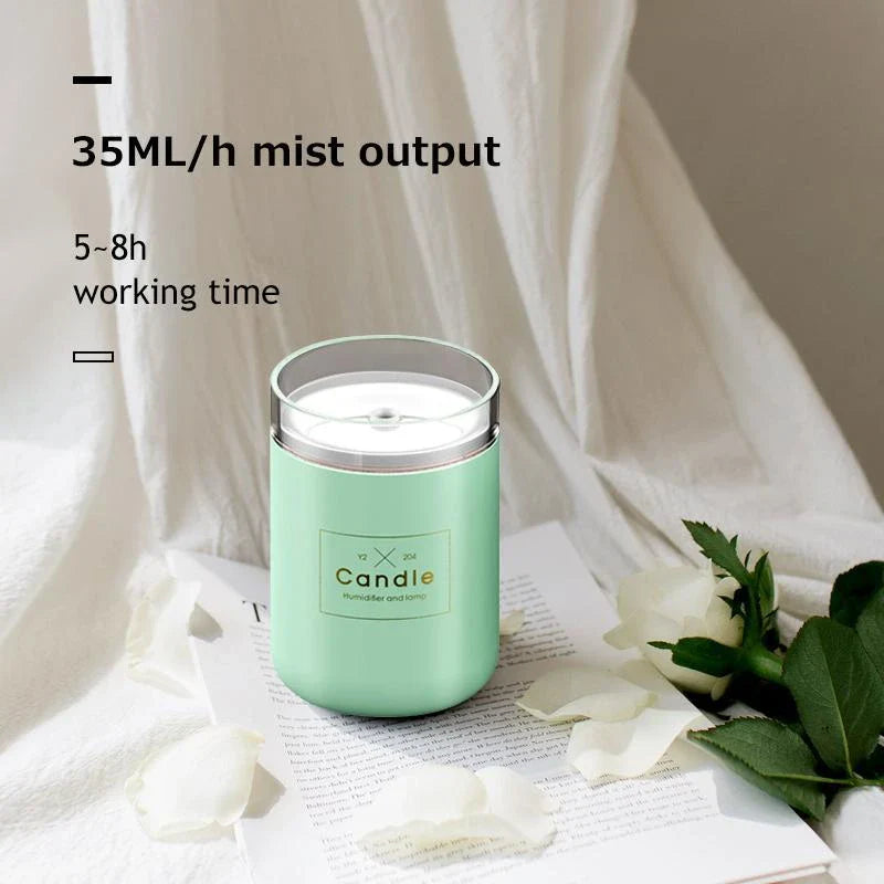 Compact USB-powered air humidifier with adjustable mood lighting, ideal for desks or bedside tables
