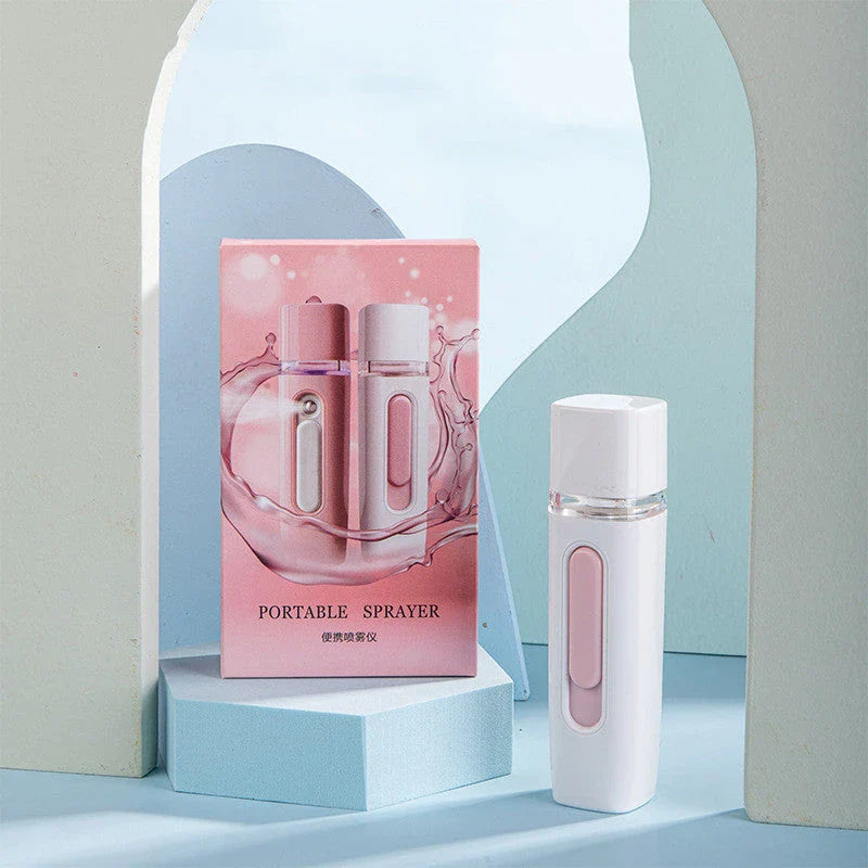Portable facial mister with 38ml water tank, transforms water into fine mist for hydrating skin on the go