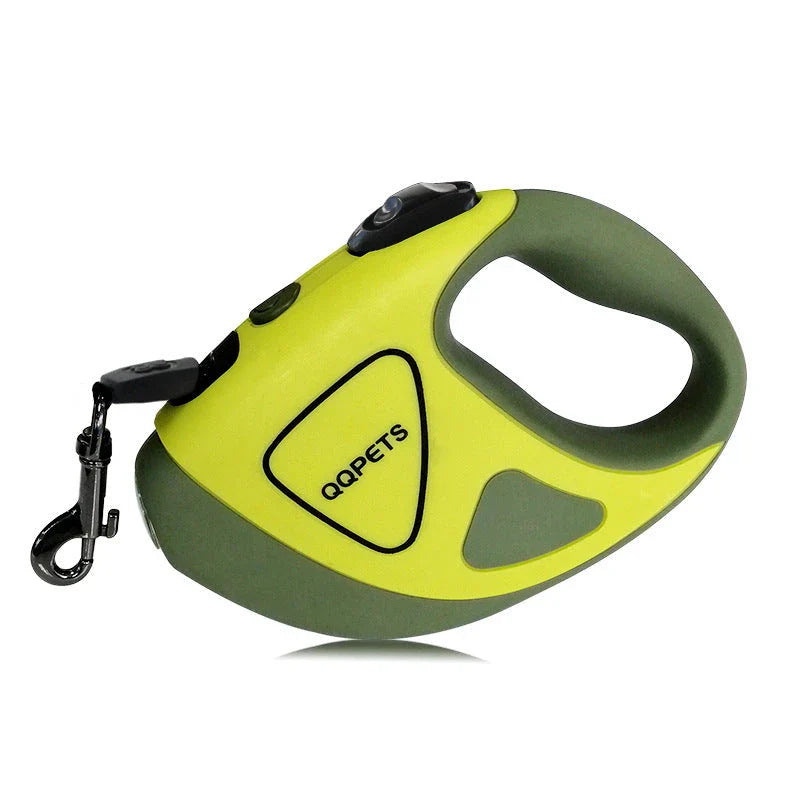 Premium retractable dog leash with luminous safety LED, featuring a rubberized non-slip handle, 360-degree anti-winding design, and durable nylon construction for secure and convenient dog walking.
