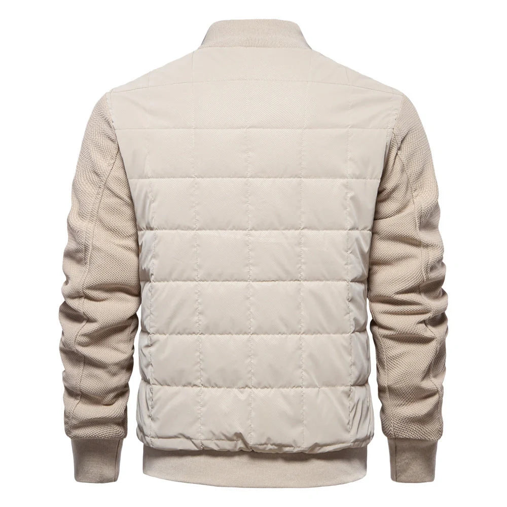 Stylish men's winter jacket with unique stitching design, stand collar, and variety of classic colours