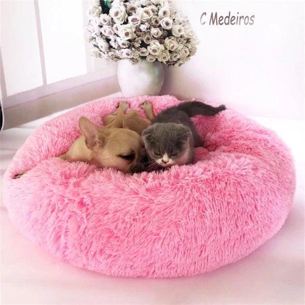 Cosy round plush cat mattress for winter warmth, available in various colours and sizes