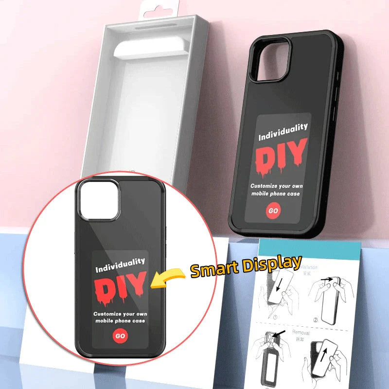 A customizable phone case with an e-ink display that allows users to wirelessly project their preferred images.