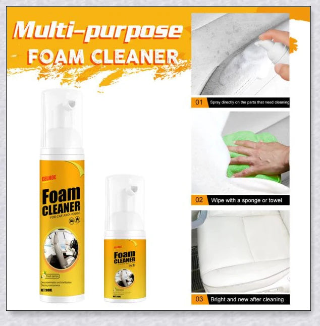 Multifunctional foam cleaner for car interiors, effectively removes dirt, grime and stains from upholstery, carpets and dashboards