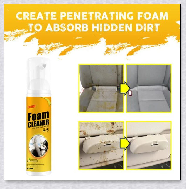 Multifunctional foam cleaner for car interiors, effectively removes dirt, grime and stains from upholstery, carpets and dashboards