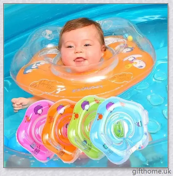A baby float neck ring with a double airbag design, leakproof air mouth, and adjustable safety lock for secure and comfortable water activities.