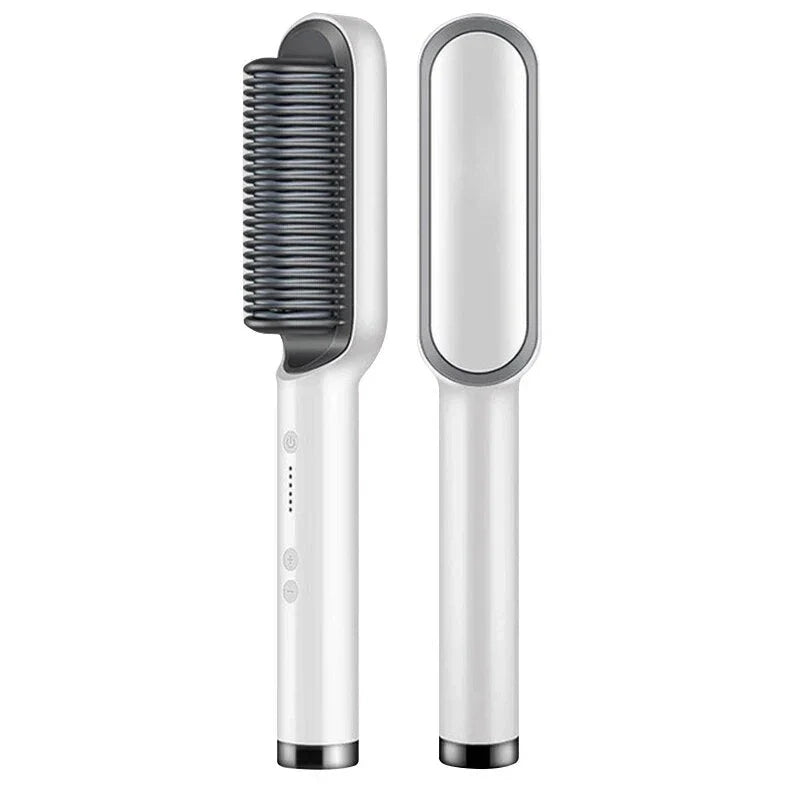 A white hair straightener brush with ceramic heating plates for salon-quality hair styling
