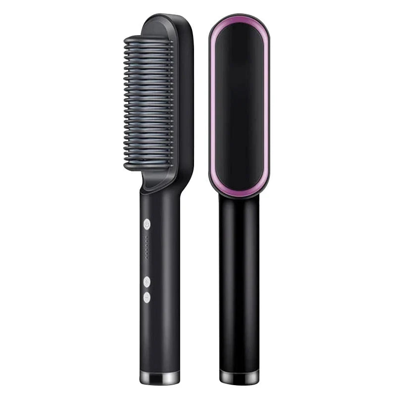 A white hair straightener brush with ceramic heating plates for salon-quality hair styling