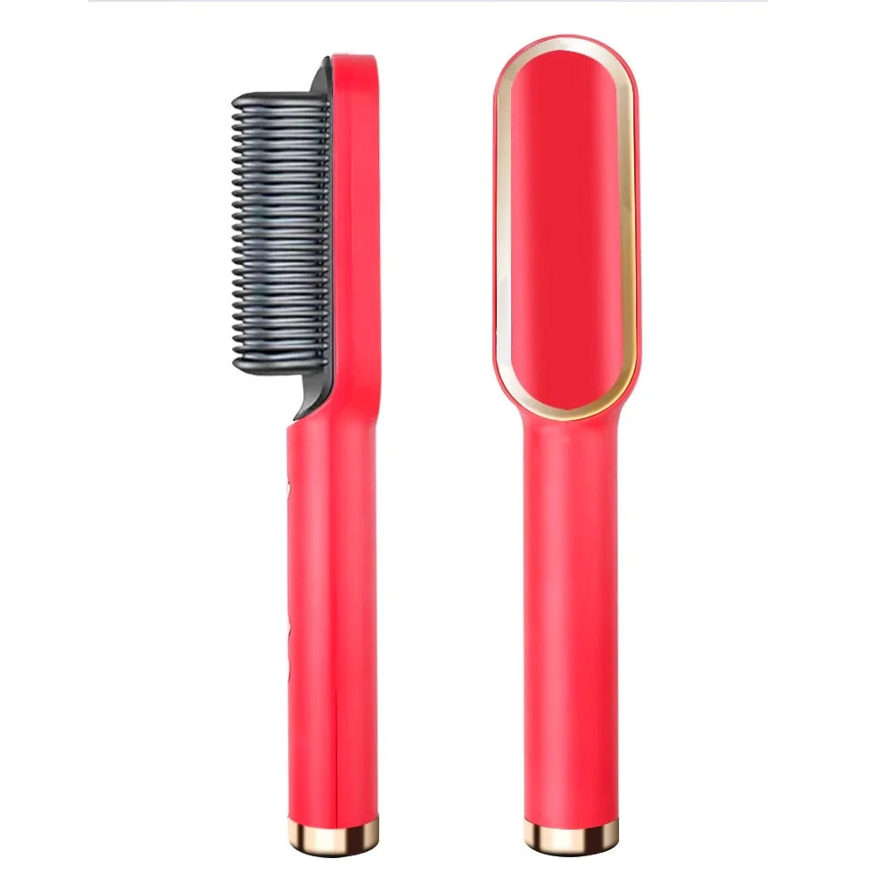 A white hair straightener brush with ceramic heating plates for salon-quality hair styling