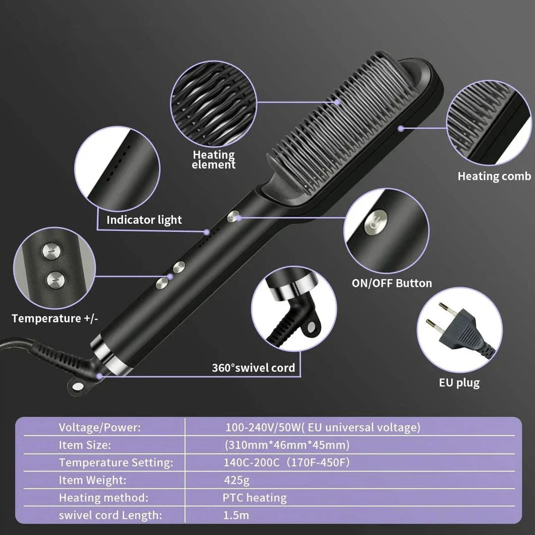 A white hair straightener brush with ceramic heating plates for salon-quality hair styling