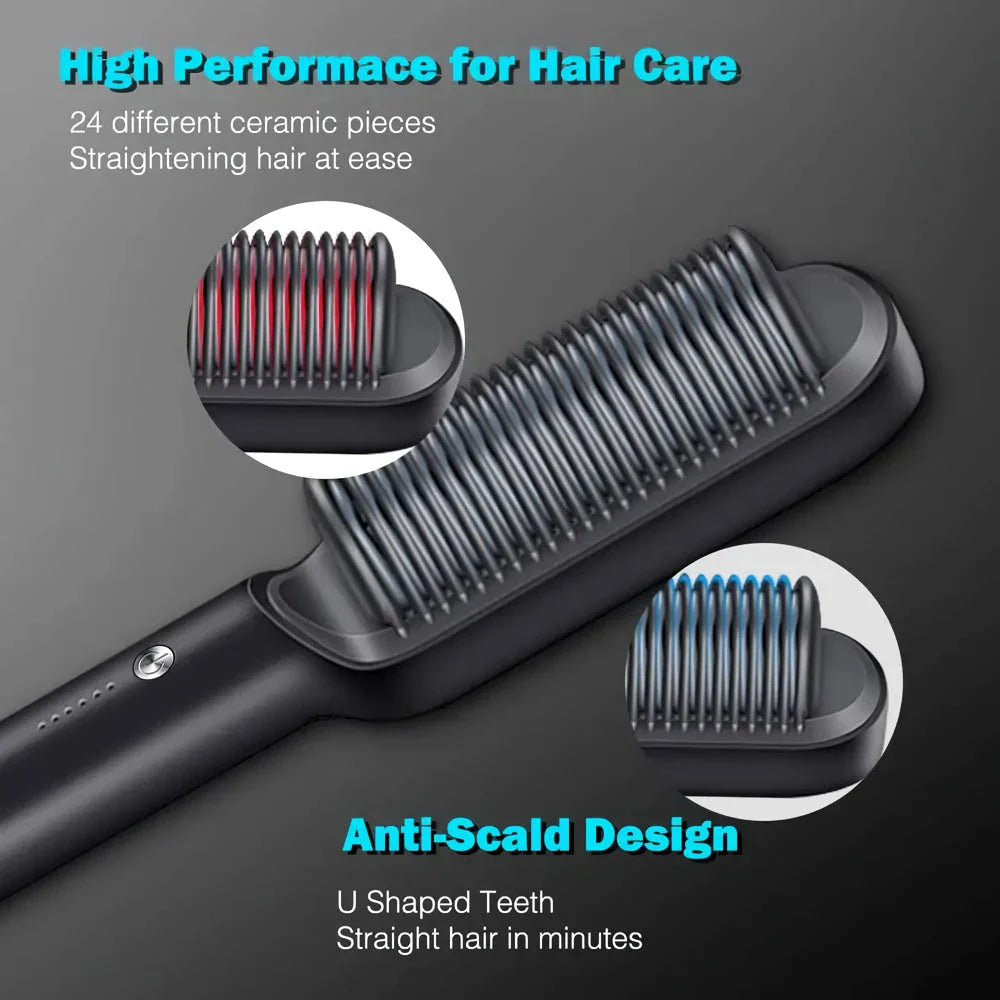 A white hair straightener brush with ceramic heating plates for salon-quality hair styling