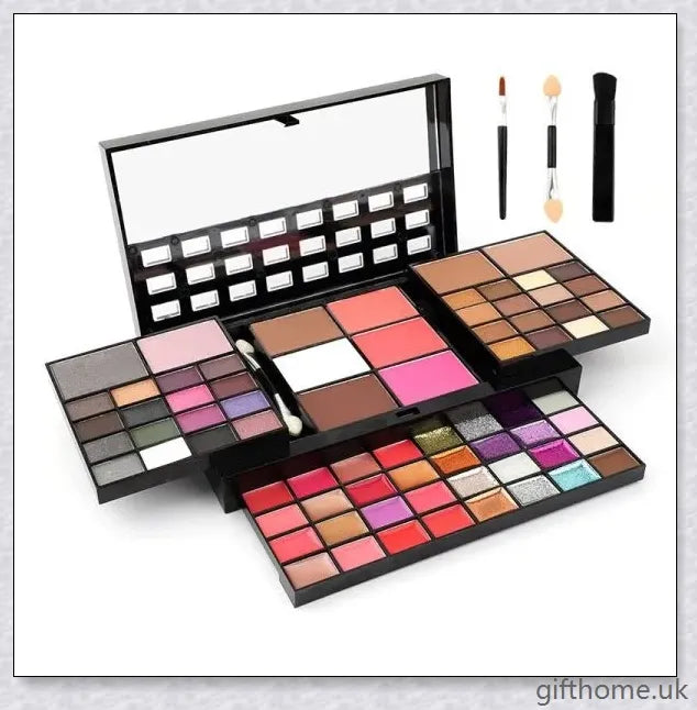A 74-colour makeup palette with eye shadows, lip glosses, and blushes in a high-gloss glitter and sequin finish