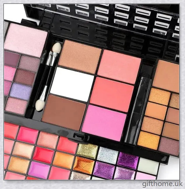 A 74-colour makeup palette with eye shadows, lip glosses, and blushes in a high-gloss glitter and sequin finish