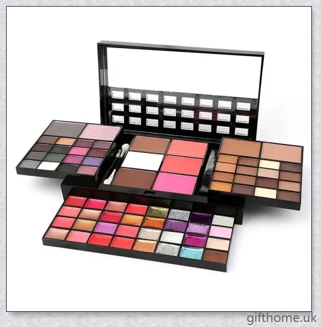 A 74-colour makeup palette with eye shadows, lip glosses, and blushes in a high-gloss glitter and sequin finish