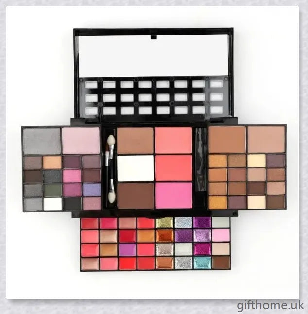 A 74-colour makeup palette with eye shadows, lip glosses, and blushes in a high-gloss glitter and sequin finish