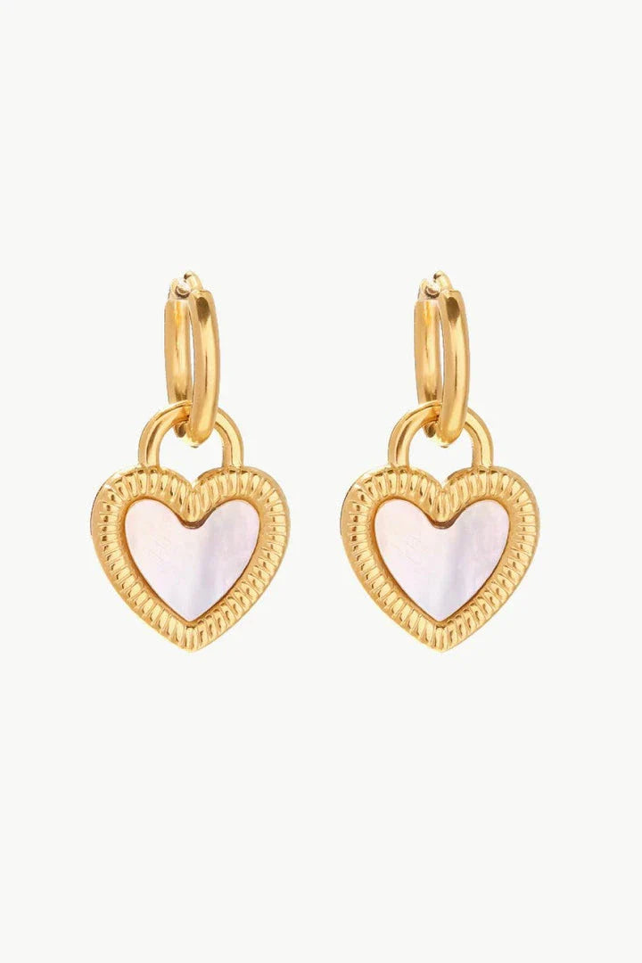 Inlaid shell heart drop earrings in gold, featuring a sophisticated and versatile design for any occasion.