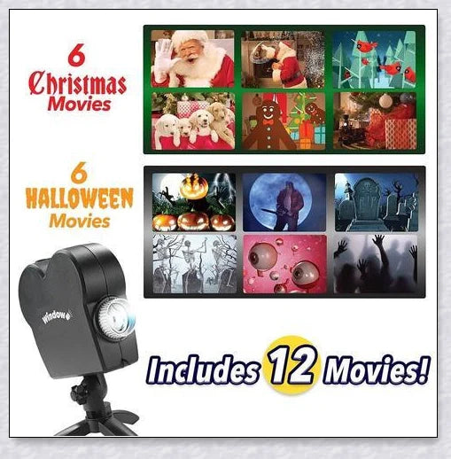Magic Window Projector that transforms any window into a festive display with Christmas, Halloween, and birthday films