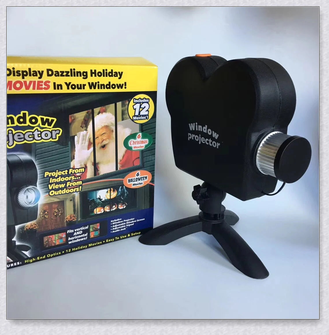 Magic Window Projector that transforms any window into a festive display with Christmas, Halloween, and birthday films