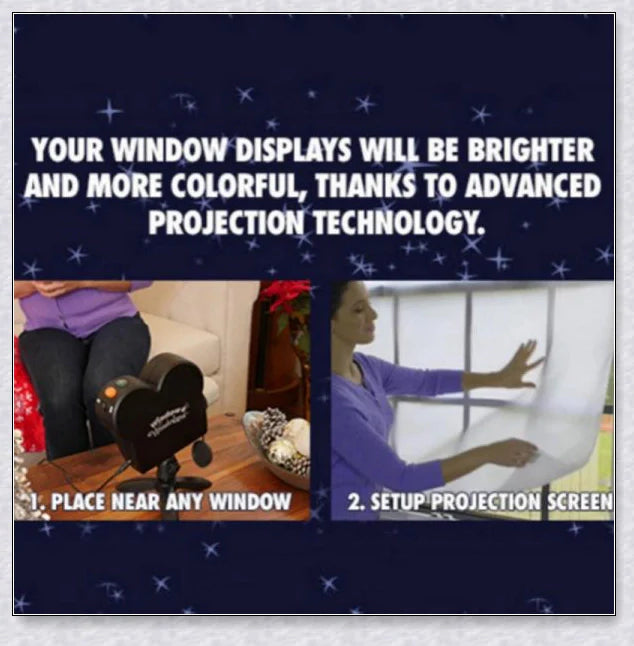 Magic Window Projector that transforms any window into a festive display with Christmas, Halloween, and birthday films