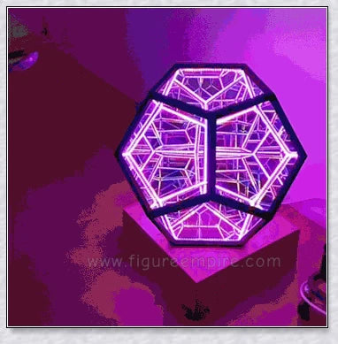 Infinite Dodecahedron Colour Art Light with 12-sided anodised aluminium frame, bespoke glass mirrors, and custom LED lighting