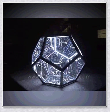 Infinite Dodecahedron Colour Art Light with 12-sided anodised aluminium frame, bespoke glass mirrors, and custom LED lighting