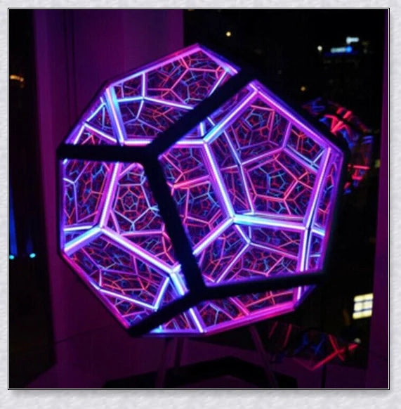 Infinite Dodecahedron Colour Art Light with 12-sided anodised aluminium frame, bespoke glass mirrors, and custom LED lighting