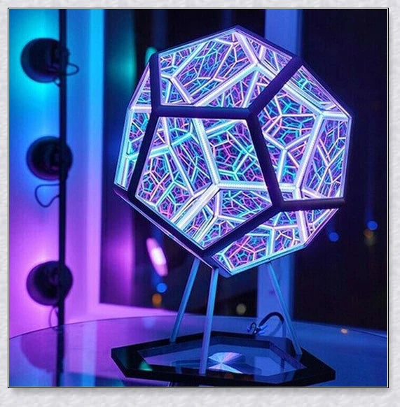 Infinite Dodecahedron Colour Art Light with 12-sided anodised aluminium frame, bespoke glass mirrors, and custom LED lighting