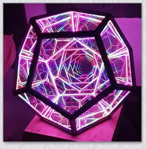 Infinite Dodecahedron Colour Art Light with 12-sided anodised aluminium frame, bespoke glass mirrors, and custom LED lighting