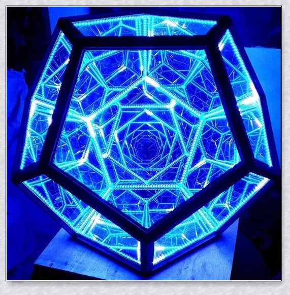 Infinite Dodecahedron Colour Art Light with 12-sided anodised aluminium frame, bespoke glass mirrors, and custom LED lighting
