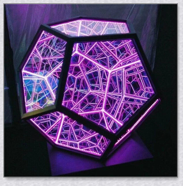 Infinite Dodecahedron Colour Art Light with 12-sided anodised aluminium frame, bespoke glass mirrors, and custom LED lighting