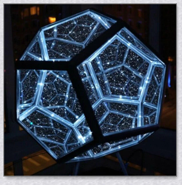 Infinite Dodecahedron Colour Art Light with 12-sided anodised aluminium frame, bespoke glass mirrors, and custom LED lighting
