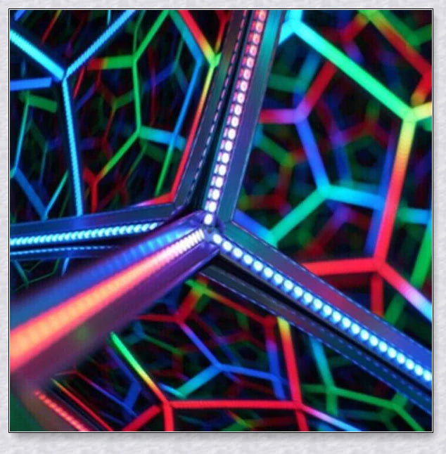 Infinite Dodecahedron Colour Art Light with 12-sided anodised aluminium frame, bespoke glass mirrors, and custom LED lighting