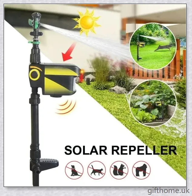 Garden Solar Scarecrow Motion Activated Water Animal Repellent Deterrent Sprinkler with adjustable spray coverage and flexible day/night detection