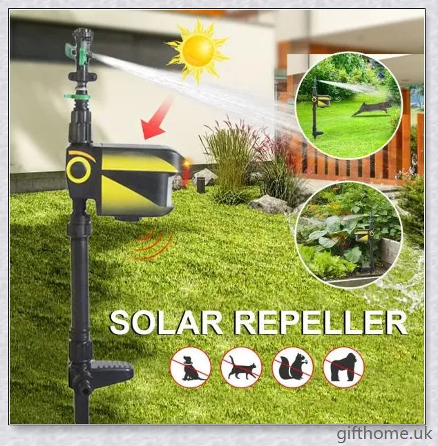 Garden Solar Scarecrow Motion Activated Water Animal Repellent Deterrent Sprinkler with adjustable spray coverage and flexible day/night detection