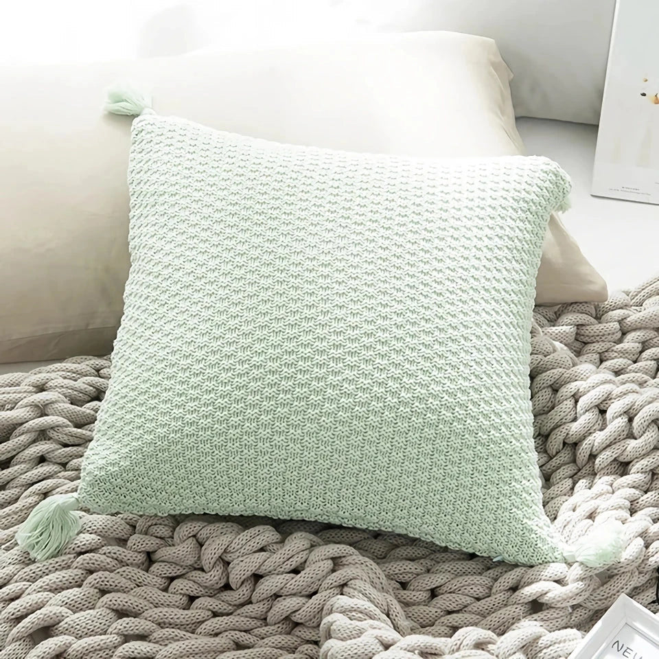 Handcrafted crochet cotton pillow cover in light green, featuring a cosy and elegant autumn-inspired design