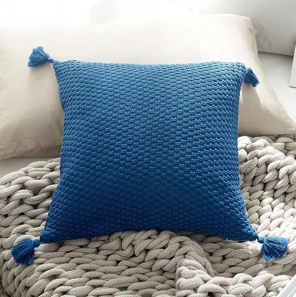 Handcrafted crochet cotton pillow cover in light green, featuring a cosy and elegant autumn-inspired design