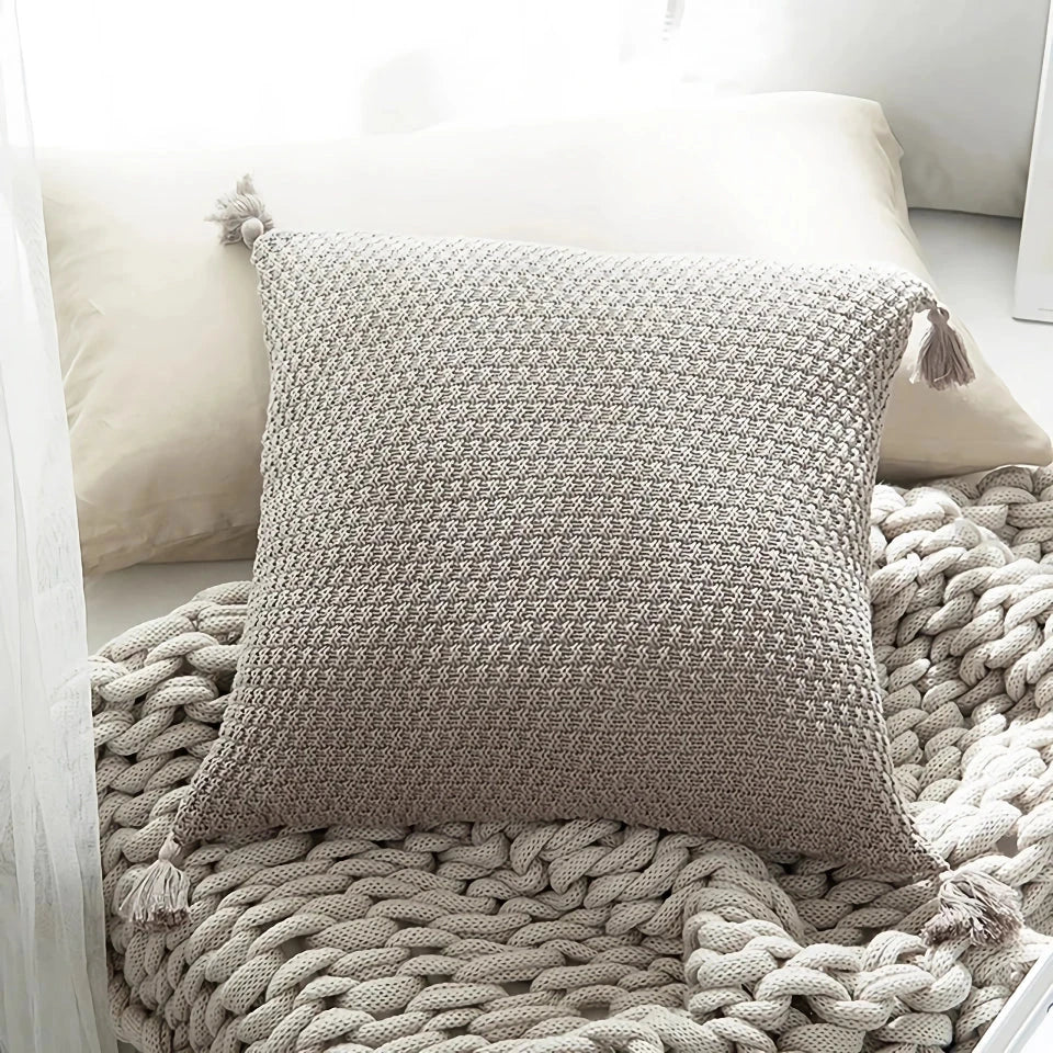 Handcrafted crochet cotton pillow cover in light green, featuring a cosy and elegant autumn-inspired design