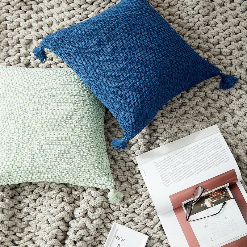 Handcrafted crochet cotton pillow cover in light green, featuring a cosy and elegant autumn-inspired design
