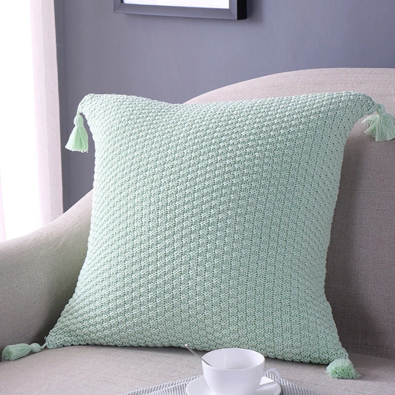 Handcrafted crochet cotton pillow cover in light green, featuring a cosy and elegant autumn-inspired design