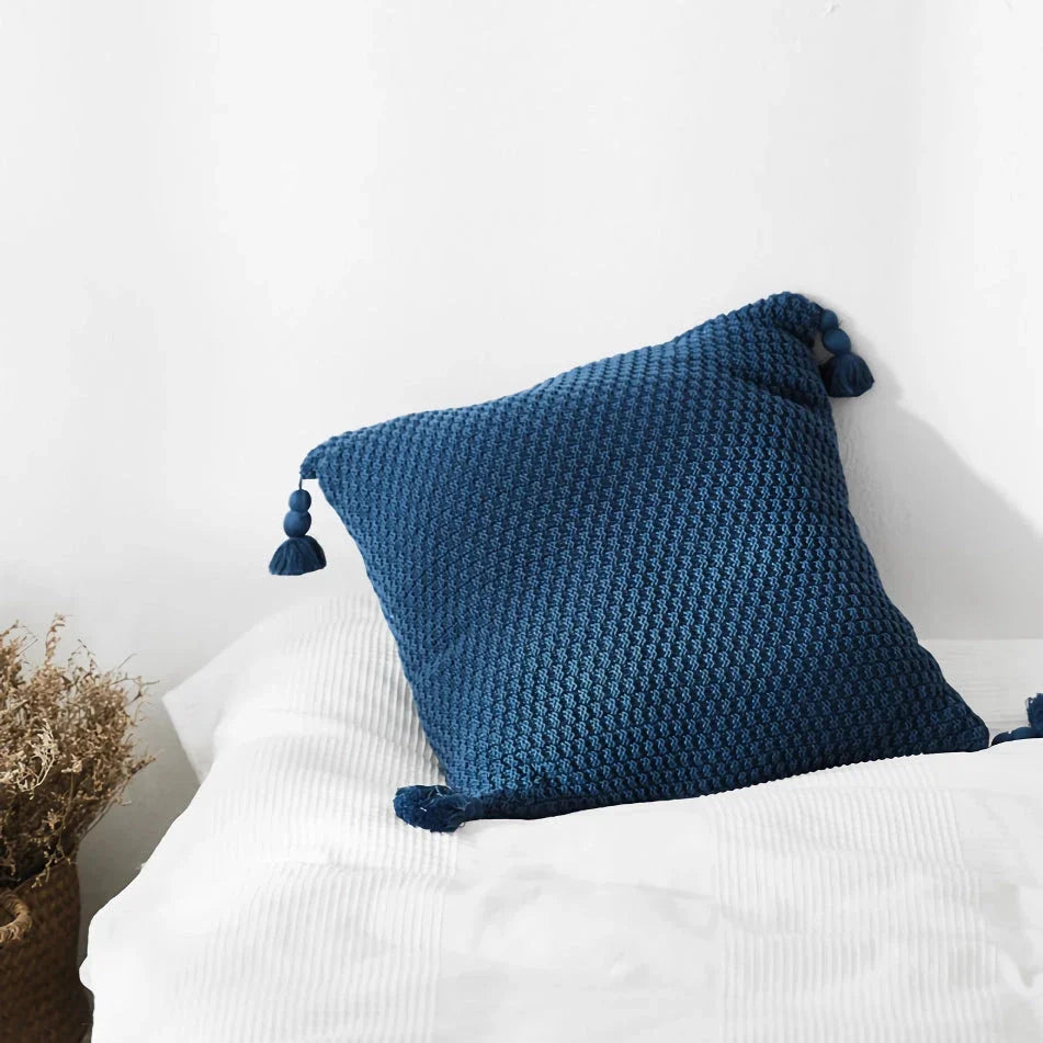 Handcrafted crochet cotton pillow cover in light green, featuring a cosy and elegant autumn-inspired design